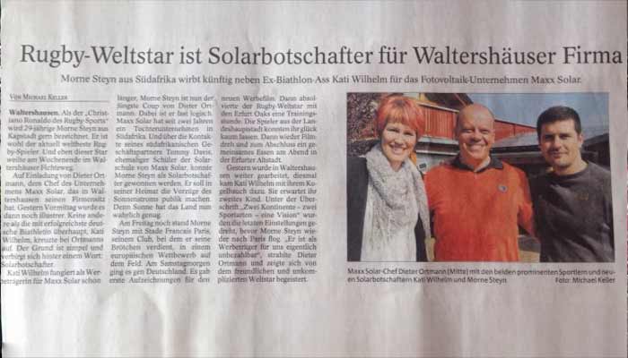 Rugby Weltstar Morné Steyn besucht maxx-solar für Dreharbeiten eines Werbefilms für Südafrika