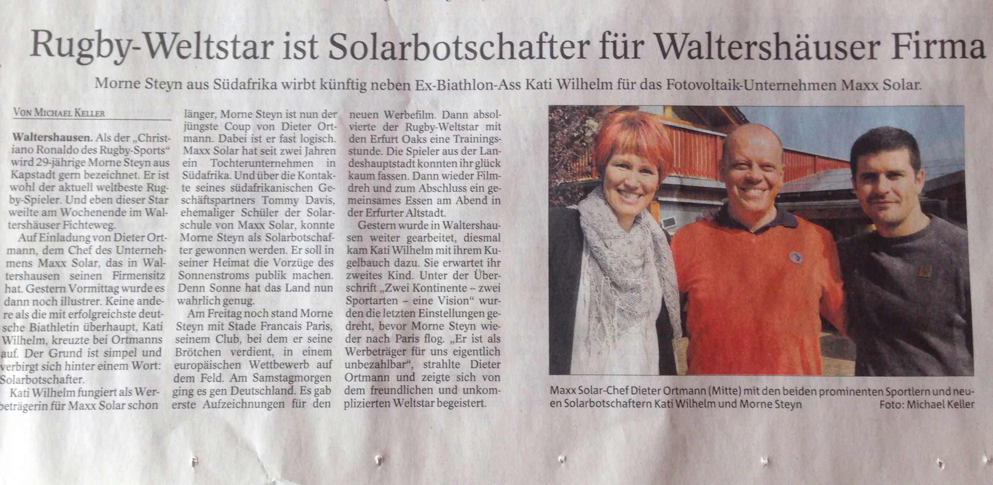 Rugby Weltstar Morné Steyn besucht maxx-solar für Dreharbeiten eines Werbefilms für Südafrika