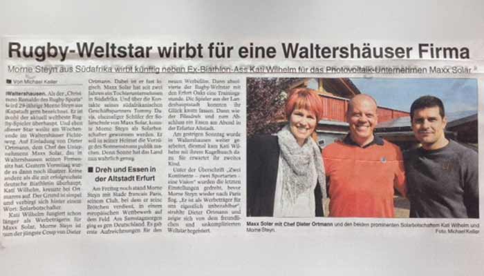Rugby Weltstar Morné Steyn besucht maxx-solar für Dreharbeiten eines Werbefilms für Südafrika